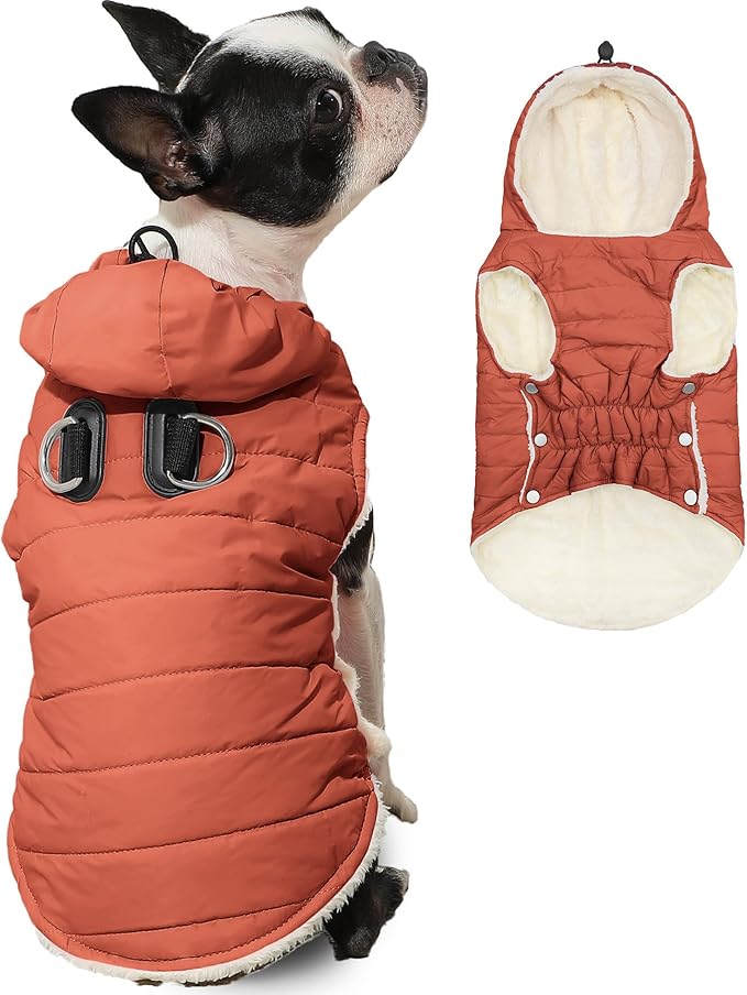 Fleece Lining Dog Hoodie with Harness Built in,Extra Warm Medium Dog Jacket in Winter Doggie Coats with Drawstring Hooded,Orange L