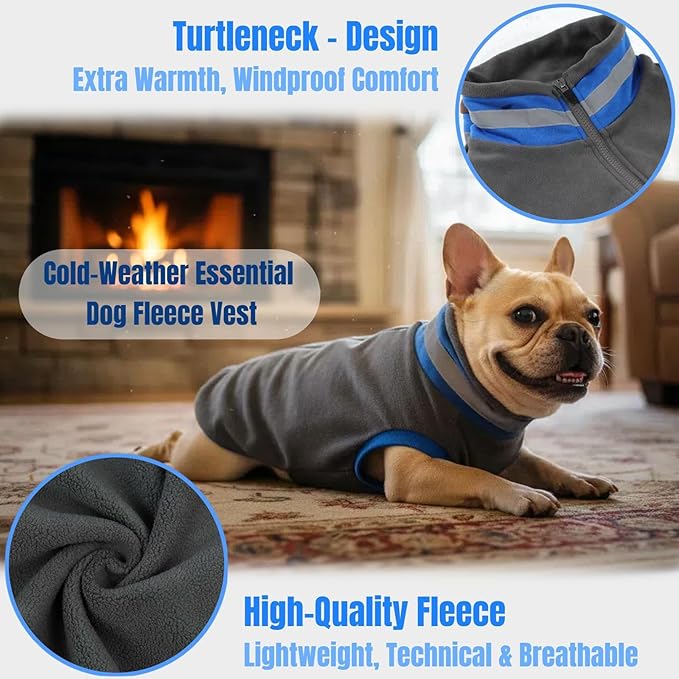 Winter Warm Turtleneck Fleece Vest Dog Clothes, Ultra-Soft & Snug-Fit Puppy Coat for Large Dogs with Back-Zipper, Thermal Doggie Vests Sweatshirt with Reflective Strip, Pet Sweater Male Girl(Grey, L)