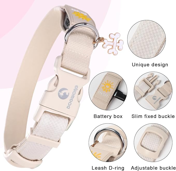 DOGWONG LED Dog Collar - Heavy Duty Light up Collars - Rechargeable Waterproof - Lighted Dog Collar for Night Walking, Hiking, Camping(White,L)