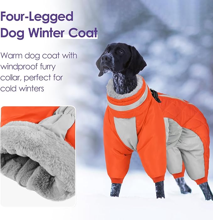 SUNFURA Full Body Dog Coat - Warm Fleece Jacket for Large Dogs, Turtleneck Winter Coats with Harness, Reflective Dog Snowsuit Windproof Puffer Jackets with Legs for Weimaraner, Orange XL