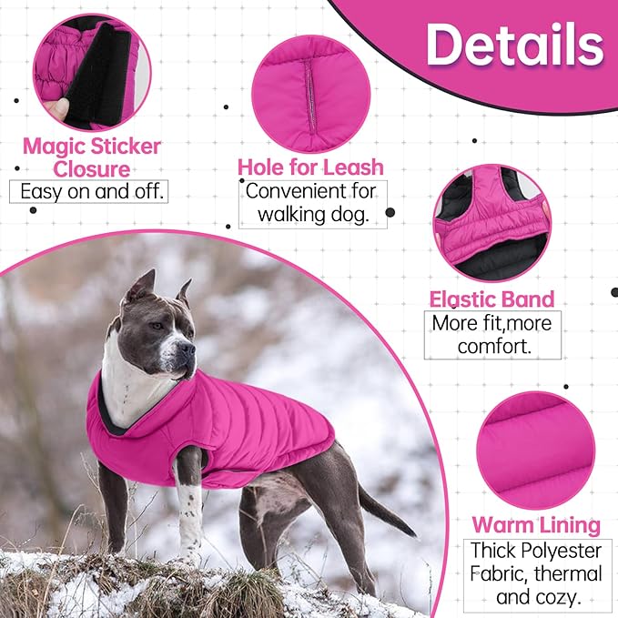 Lelepet Reversible Dog Coat Waterproof Dog Jacket Windproof Puffer Vest for Winter Warm Lightweight Coats for Small Dogs Adjustbale Hook & Loop Pet Apparel with Leash Hole, Pug, Rose Red, M
