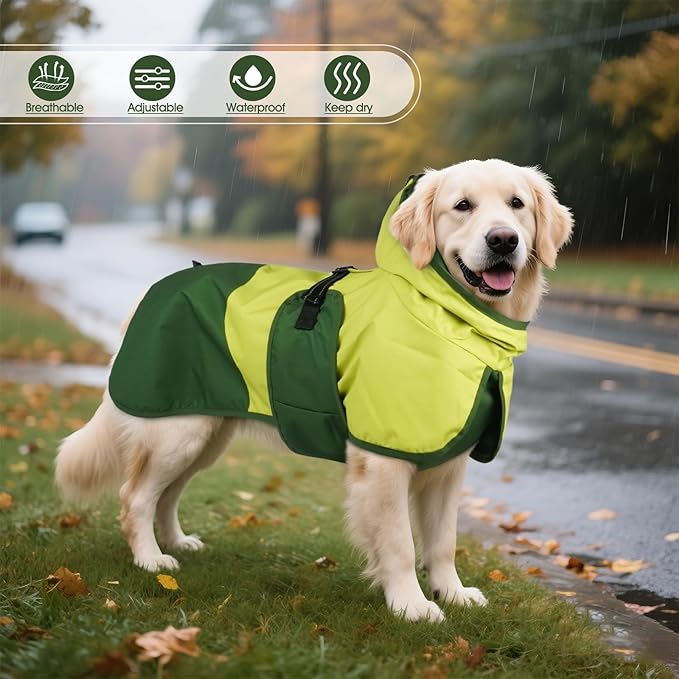 BRKURLEG Dog Raincoat for Small Medium and Large Dogs Waterproof Dog Rain Jacket Adjustable Hooded Dogs Raincoat Pet Rain Coat Poncho with Leash Hole, Reflective Strip, Green, XXL