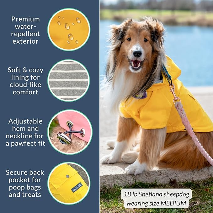 DJANGO Highland Dog Jacket & Raincoat – Water-Repellent, Lined Dog Coat with Hood, Adjustable Fit & Harness Hole – Lightweight Rain & Wind Jacket for Small & Medium Dogs up to 30 lbs (Yellow, X-Small)