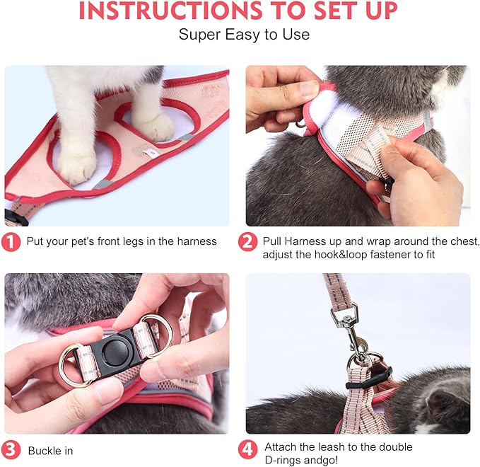 Cat Harness and Leash Set, Soft and Breathable Vest with Reflective Strip, Escape Proof Kitten Harness, Easy to Wear for Cats Walking and Traveling (Red, M)