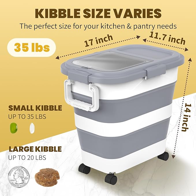 HOYTAMDA 25-35Lbs Rice Container,Collapsible Airtight Food Storage Containers with Wheels,Handle,Rice Storage Container with Small Bin and Scoop,Rice Dispenser for Flour Sugar Cereal Grain Dog Cat