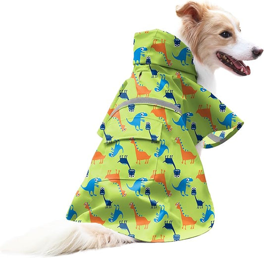 NACOCO Large Dog Raincoat Adjustable - Pet Dinosaurs Water Proof Clothes Lightweight Rain Jacket Poncho Hoodies with Strip Reflective Green (M, Green Dinosaur)