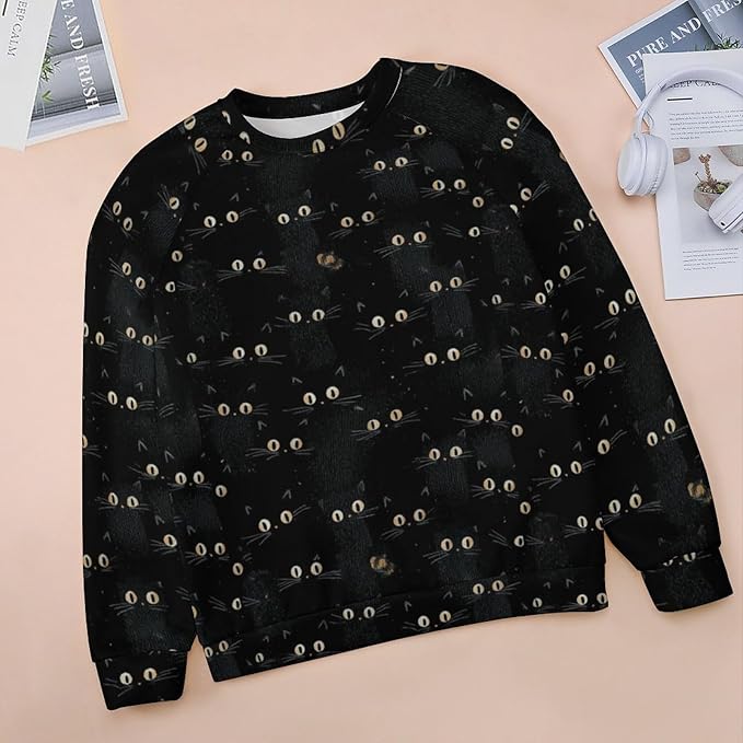 Abstract Cute Cat Shirts for Women Long Sleeve Lady Crewneck Pullover Sweatshirt Fall Winter Oversized Tops