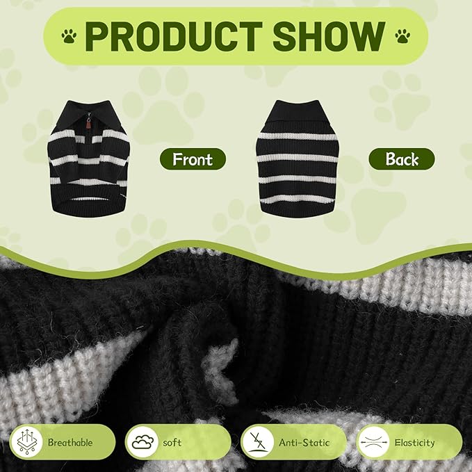 Small Dog Sweater with Zipper, Knitted Striped Pullover Dog Clothes for Cold Weather, Thick Warm Cozy Stretchy Sweater for Chihuahua, Bulldog, Dachshund, Pug(Black & White Strip, L)