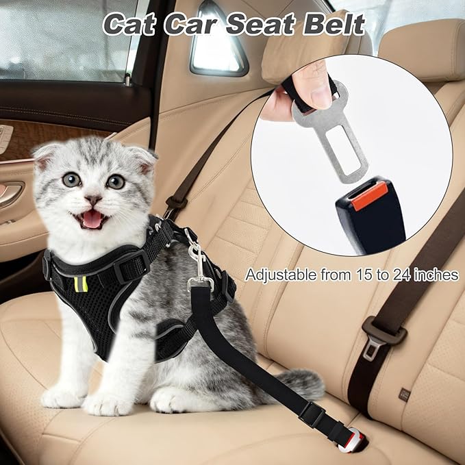 Kitten Cat Harness and Leash Set, Escape Proof Soft 4-Adjustable Cat Walking Vest Harness, Reflective Strips in Harness for Kitty Puppy Bunny Car Travel, with Car Seatbelt Leash (Black, XS)