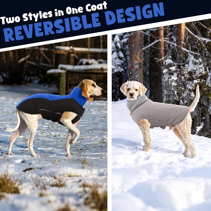 Warm Dog Coat,Waterproof Jacket in Winter Adjustable and Reversible Doggy Fleece Outfit,Thick Clothes with Foldable Collar for Puppy in Cold Days,2XL RoyalBlue