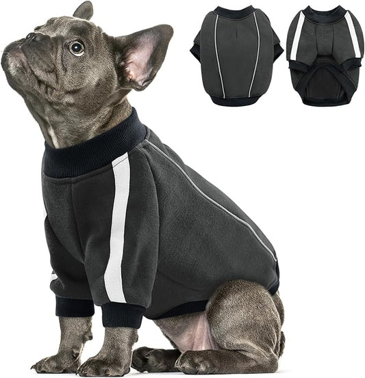 Queenmore Fleece Dog Sweater for Male Dogs, Soft Pullover Dog Sweatshirt with Leash Hole/Reflective Stripes – Cozy Winter Fleece Jacket for Small Medium Large Boy Puppy, Grey L