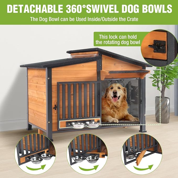 GUTINNEEN Heated Dog House Large Outdoor Insulated Dog Kennel Weatherproof Dog Shelter with Heated Pad, Insulated All-Round Thermal Liner, Chew-Proof Design for Dogs (Brown)