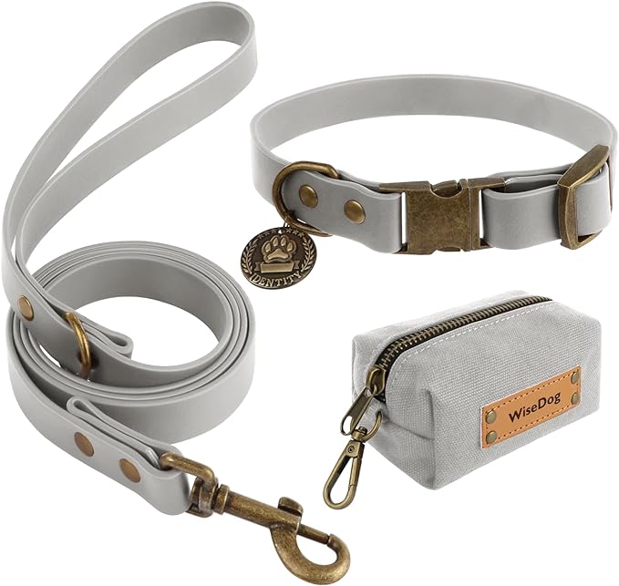 Wisedog Dog Collar and Leash Set, Waterproof Adjustable Puppy Collars with Cute Tag 6FT Dog Leash with Poop Bag for Small Medium Large Dogs (S(Collar:10"-14";Leash:4 ft), Grey)