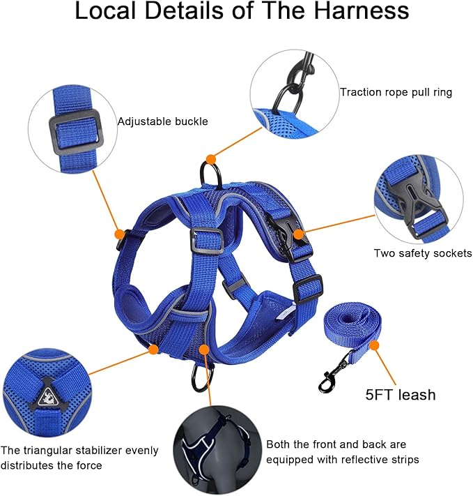 SOLMOONY Small Dog Harness,Soft Mesh Puppy Harness and Leash Set,No Escape Cat Harnesses for Training Walking,Reflective Adjustable Puppy Vest for Small Medium Dogs, Cats (Navy Blue, L)