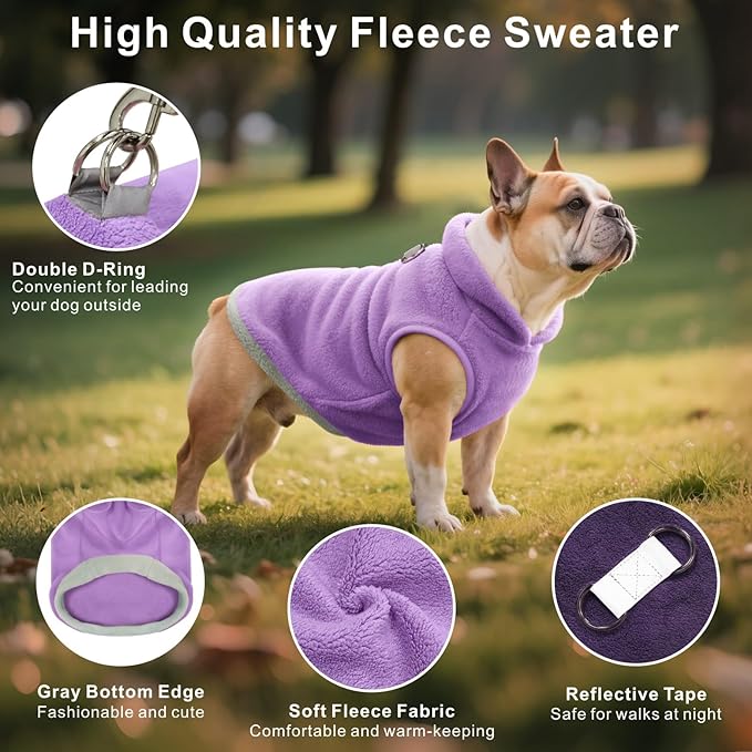Idepet 2 Pack Dog Fleece Vest Sweater Warm Pullover Jacket with D-Ring Leash Reflective Winter Coat Hoodie for Puppy Cat French Bulldog Pug Chihuahuas Yorkies Dachshunds(Purple&Pink,X-Large)