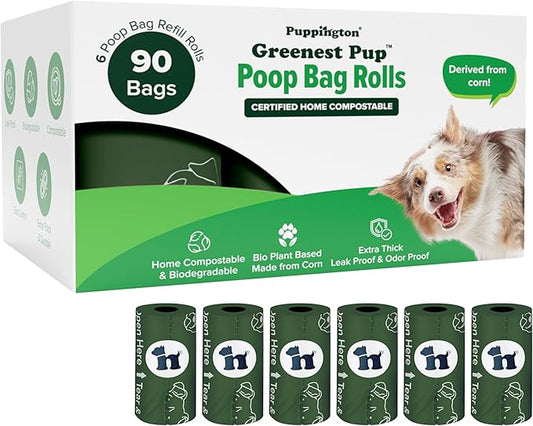 Puppington Certified Home Compostable Poop Bags - ASTM D6400 Compliant - 90 Extra Thick Bags - Plant Based - Pairs with Puppington 3-in-1 Bag & Fits all Standard Poop Bag Dispensers (Basil Green)