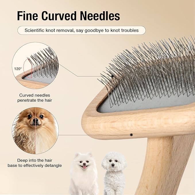 UTEE Slicker Brush for Long-Haired Cats & Small Dog (Pomeranians, Bichons, Shih Tzus, Ragdoll & Persian Cats) Gentle Grooming Tool with Stainless Steel Curved Pins & Ergonomic Beech Wood Handle