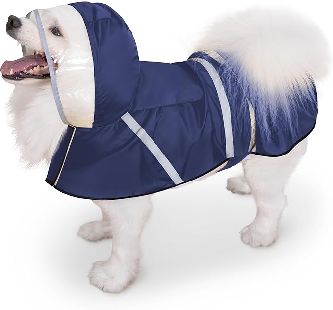 Dog Raincoat, Adjustable Rain Jacket with Hooded Double Layer for Large Medium Small Dogs Puppies, Lightweight Waterproof Rain Coat Poncho with Reflective Stripe Navy,S