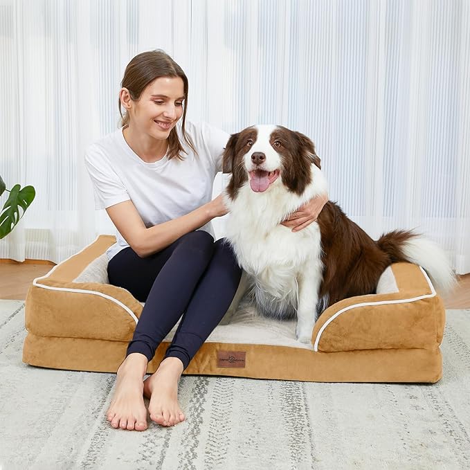 Comfort Expression Orthopedic Dog Bed for Medium Dogs 30x20 Inch, Waterproof Supportive Egg Crate Foam Medium Pet Bed with Removable Bolsters, Dog Couch with Washable Cover & Non-Slip Bottom, Caramel