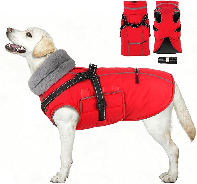 PETDSH Dog Coat Large, Built-in Harness Dog Jacket with Warm Fleece Lining, Waterproof Reflective Dogs Winter Coat, Pet Coats with Pocket and Trash Bags (Red, XXX-Large)