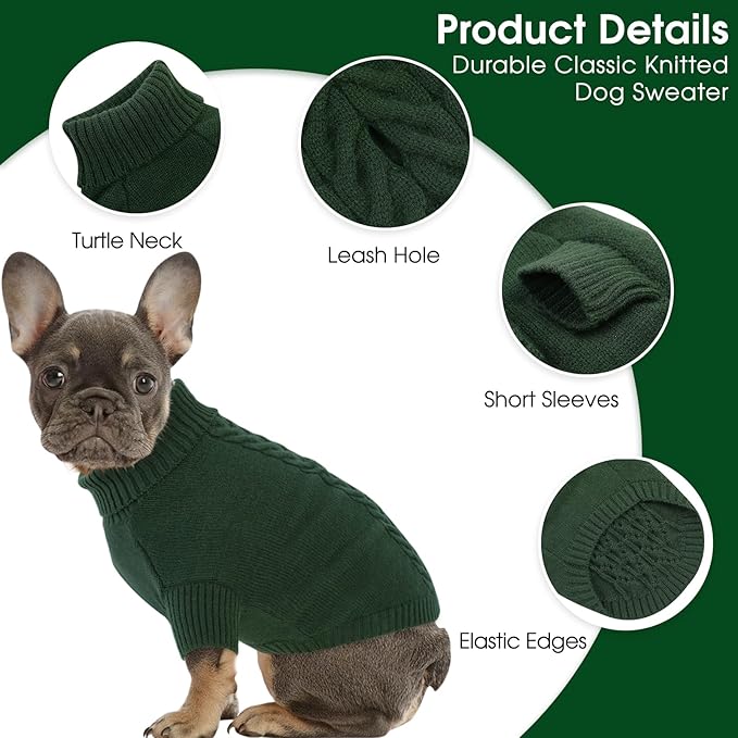 Dog Sweaters for Small Dogs Classic Turtleneck Dog Christmas Sweater Thick Warm Pullover Male Puppy Pet Stretch Knitwear Fall Winter Clothes with Leash Hole(Green, S)