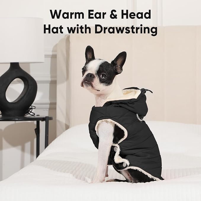Fleece Lining Dog Hoodie with Harness Built in,Extra Warm Large Dog Jacket in Winter Doggie Coats with Drawstring Hooded,Black XXXL
