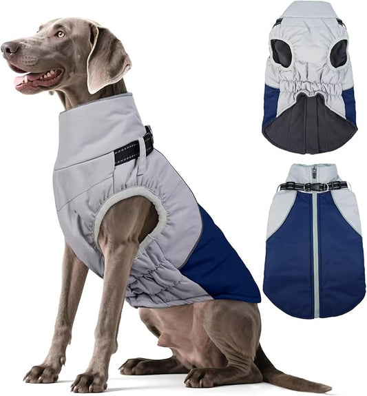Dog Coats for Large Dogs,Winter Waterproof Jacket with Collar Built in,XXL Dog Coat for Cold Weather Warm Snow Jacket with Thermal Fleece Lining,Reflective Pet Snowsuit Large,Blue,2XL