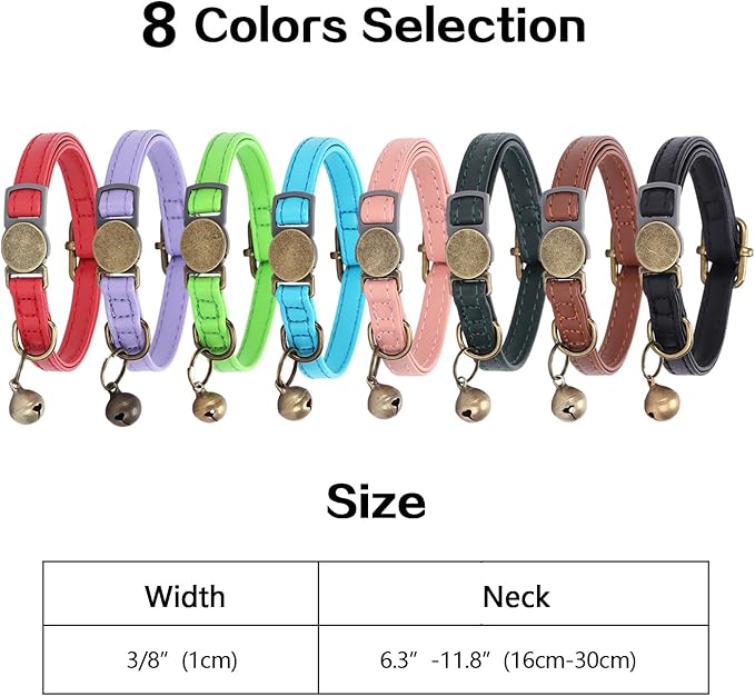 Cat Collar Breakaway, Personalized Leather Cat Collar with Bells-Adjustable Customized Collar with Name & Phone Number Tag for Girl Boy Cats -Quick Release Buckle for Cats & Kittens(Brown)
