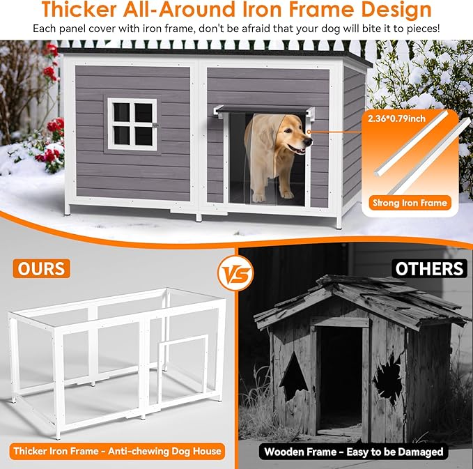 Outdoor Dog House with Insulated Liner, 59" Extra Large Breed Dog Kennel, Keep Warm in Winter Outside, Heated Anti-Chewing Metal Frame Design for Small Medium Large Dogs(Grey)