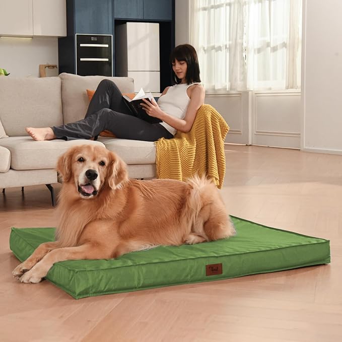 Outdoor Large Washable Dog Bed, Orthopedic Egg Crate Foam Dog Crate Mat for Large Dogs with Removable Oxford Cooling Cover, Light Green