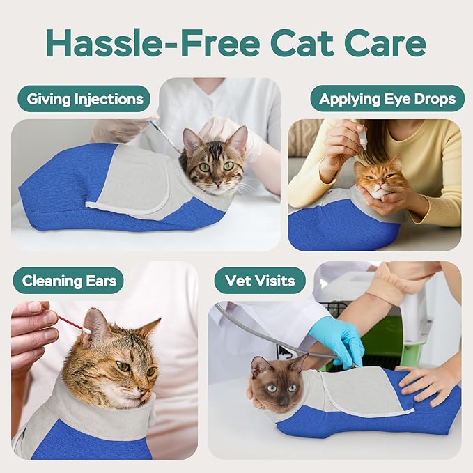 Self-Adhesive Cat Grooming Wrap, Cozy Cat Wrap for Cutting Nails, Breathable Anti-Scratch Cat Swaddle Bag for Brushing, Ear Cleaning, Dental Care, Medication, Injections,Blue L