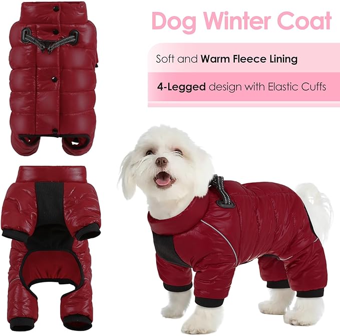 AOFITEE Dog Coat, Waterproof Dog Jacket for Winter, Warm Fullbody Dogs Snowsuit, Winter Coat for Small Dogs, Zip Up Pet Puffer Jacket Fleece Vest, Outdoor Reflective Pet Coats, Christmas Red, Medium
