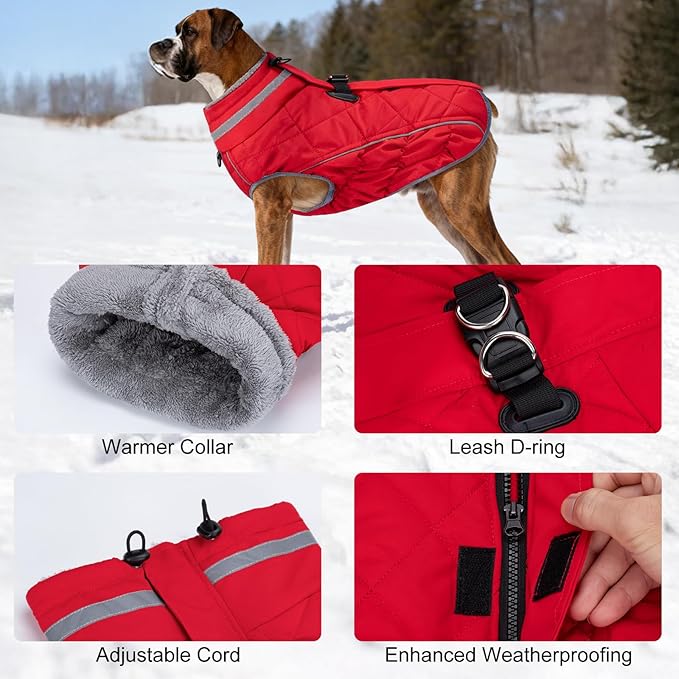 Dog Coat, Warm Dog Winter Coat for Large Dogs, Waterproof Jacket with Harness Built in, Reflective Turtleneck Cold Weather Coats with Zipper,Pet Fleece Vest Snow Jacket, Red XL