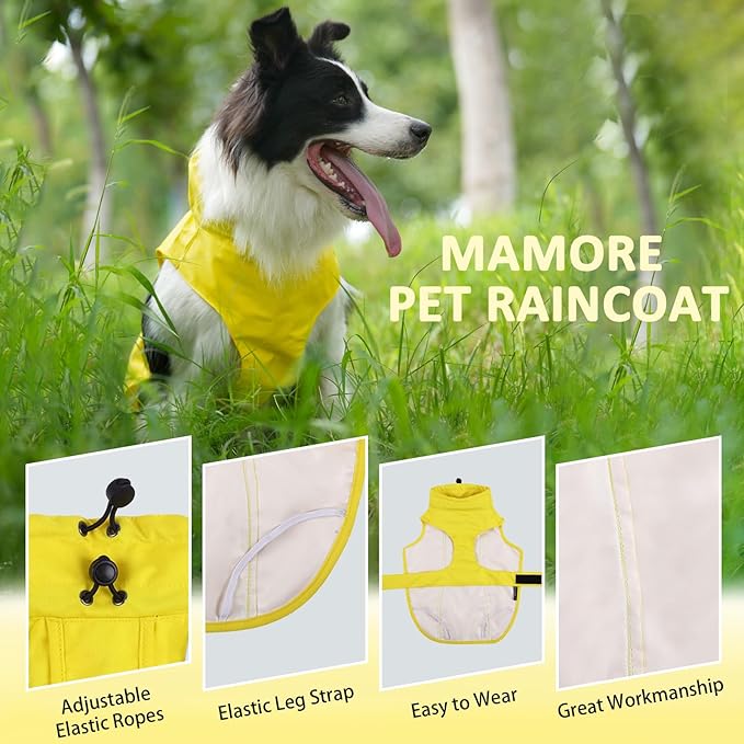 Waterproof Dog Raincoat, Adjustable Lightweight Dog Rain Jacket with Reflective Strip Leash Hole for Small Medium Large Dogs (Yellow, X-Large(37-55lb))