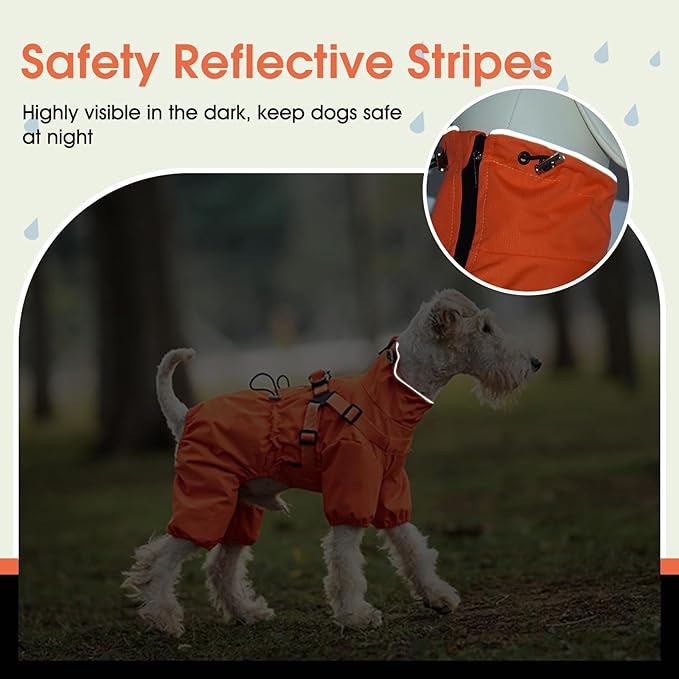 BRKURLEG Dog Raincoat for Small Dogs, Small Dog Rain Jacket with Harness Built in, Waterproof 4 Legs Pet Raincoats, Puppy Outdoor Jacket with Reflective Strip, Orange, XL