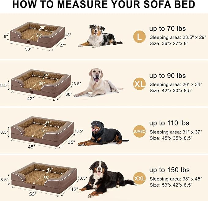 Orthopedic Dog Beds for Large Sized Dogs, Waterproof Memory Foam Large Pet Bed with Sides 36x27Inch, Non-Slip and Egg-Crate Foam Big Dog Couch Bed with Removable Washable Cover, Brown