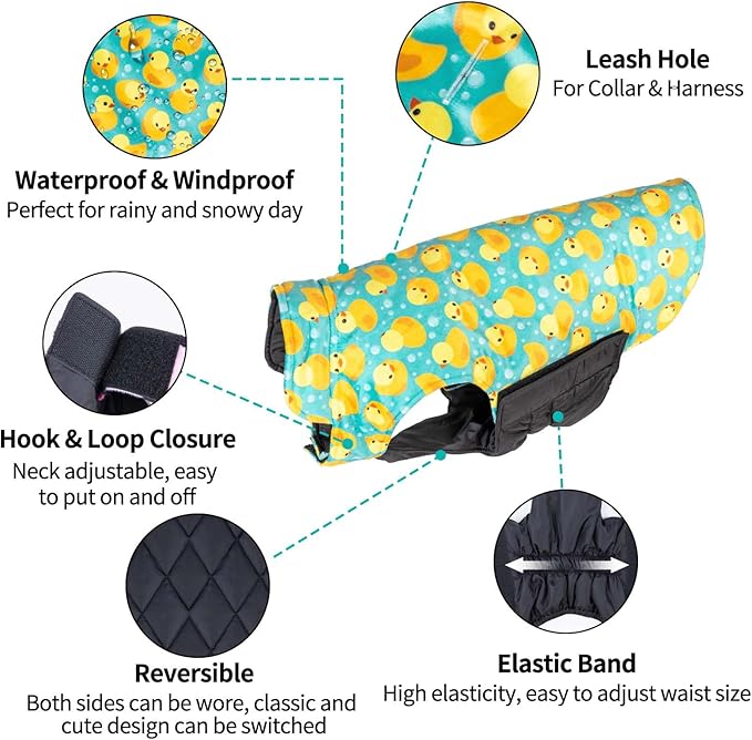 CuteBone Winter Jacket for Dogs - Soft, Windproof, Waterproof, Reversible, Thick, Adjustable Jacket with Leash Hole, Great for Small, Medium, Large Dogs in Cold Weather