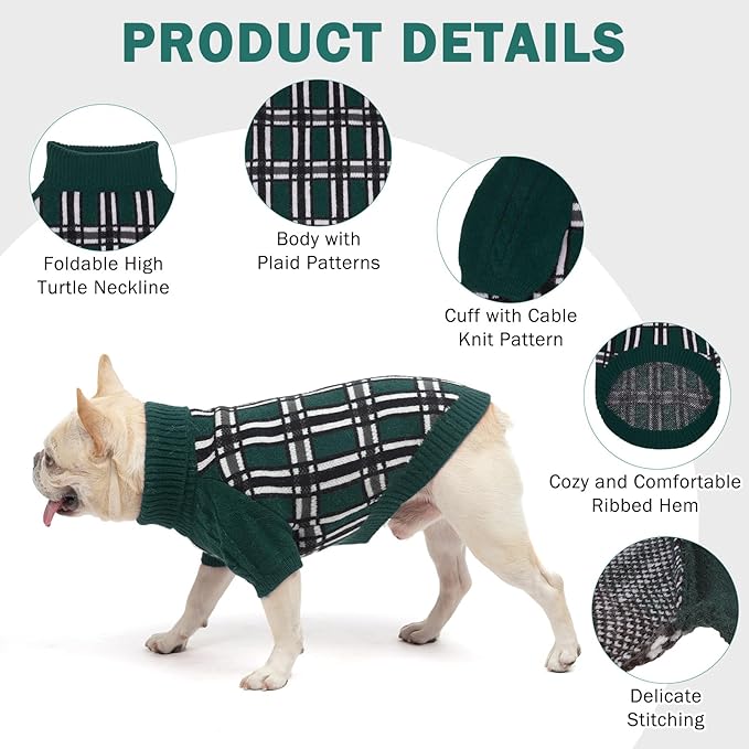 SCENEREAL Turtleneck Dog Sweater for Small Medium Large Dogs Girls Boys, Christmas Plaid Pullover Puppy Sweatershirt, Dogs Cold Weather Outfit Clothes, Ideal Gift for Pet in New Year, Green Plaid ML