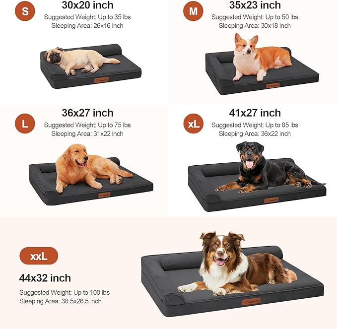 Orthopedic Dog Beds Large Sized Dog, Memory Foam Pet Bed for Medium and Large Dogs, Removable and Washable Microsuede Cover, TPU Waterproof Liner, Nonskid Bottom, 44x32x6 Inches, Dark Grey