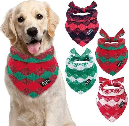 4-Pack Knitted Christmas Dog Bandanas with Slogans - Soft Warm Bandana for Small Medium, Cute Winter Dogs Accessories Boy & Girl Pets, Dog Gifts for Large Dogs, Scarf for Birthday Holiday