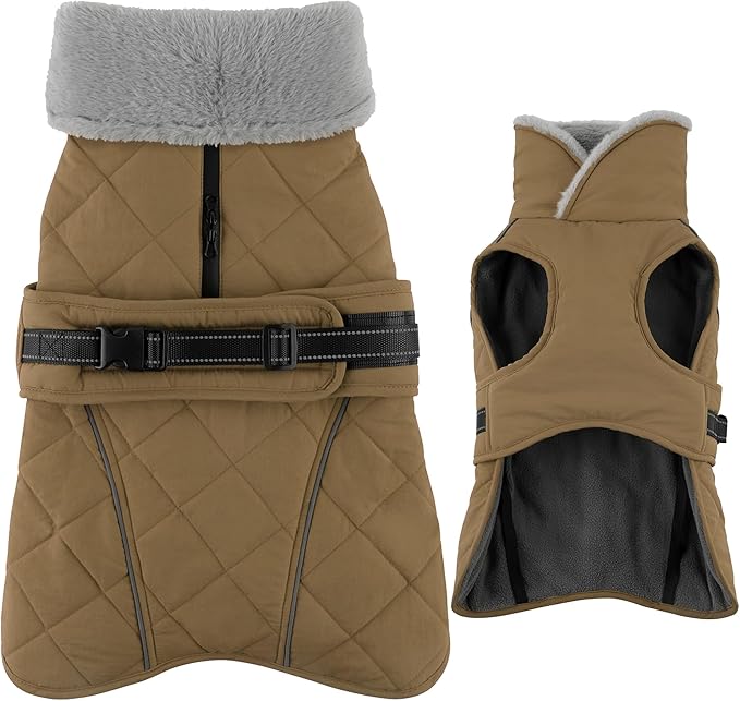 Dog Coat, Waterproof Dog Winter Jacket with Adjustable Buckle, Reflective Turtleneck Pet Snow Vest Warm Fleece Sweater for Small Medium Large Dogs - Khaki, S