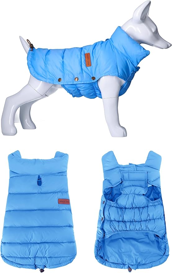 SPACE LION Dog Puffer Jacket, Down Winter Coat, Durable Outdoor Coat for Cold and Windy Conditions, Waterproof, Lightweight Jacket, Adjustable Fit for Small, Medium, Large Dogs(Blue,14/L)