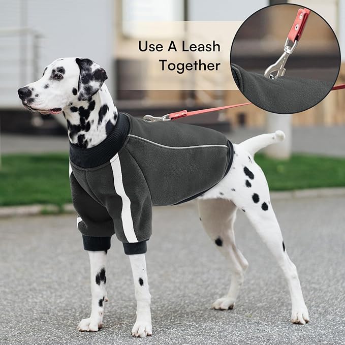 Queenmore Fleece Dog Sweater for Male Dogs, Soft Pullover Dog Sweatshirt with Leash Hole/Reflective Stripes – Cozy Winter Fleece Jacket for Small Medium Large Boy Puppy, Grey XL