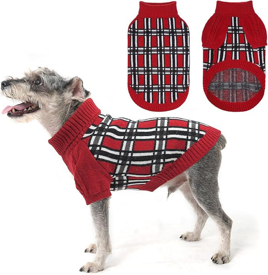 SCENEREAL Turtleneck Dog Sweater for Small Medium Large Dogs Girls Boys, Christmas Plaid Pullover Puppy Sweatershirt, Dogs Cold Weather Outfit Clothes, Ideal Gift for Pet in New Year, Red Plaid XS