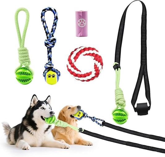 Dog Outdoor Bungee Solo Hanging Toy, Tether Tug of War Toys for Pitbull Small Large Aggressive Chewers Dogs to Exercise, Durable Interactive Tug Toy, Dog Rope Toys (3 Chew Ropes,1 poop bag)