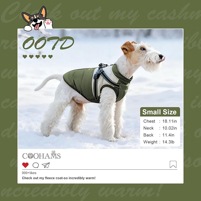 Dog Winter Coat for Small & Medium Dogs (Up to 31lb), Waterproof Dog Coat with Harness, Puppies Windproof Puppy Puffer Jacket, Snowsuit for Dachshund,Frenchie, Corgi (Classic Green, Medium)