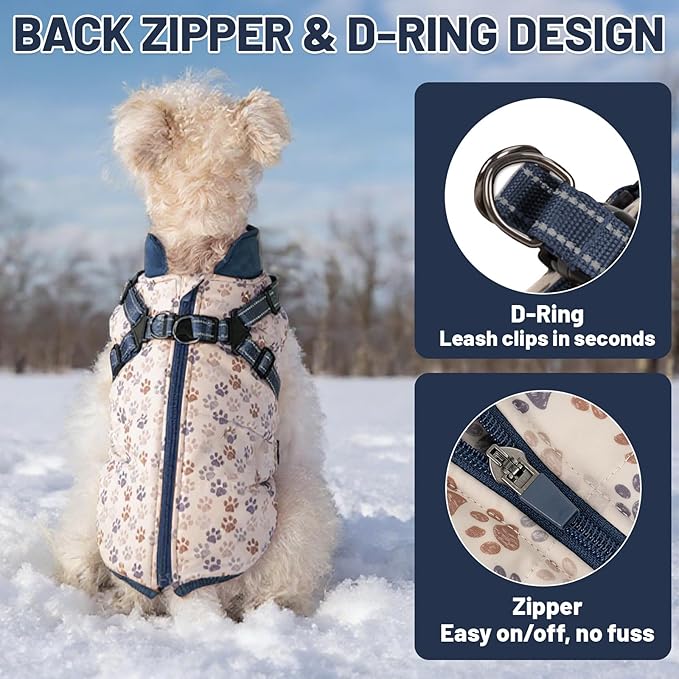 Dog Winter Coat for Small & Medium Dogs (Up to 31lb), Waterproof Dog Coat with Harness, Puppies Windproof Puppy Puffer Jacket, Snowsuit for Dachshund,Frenchie, Corgi (Paw Blue, XLarge)