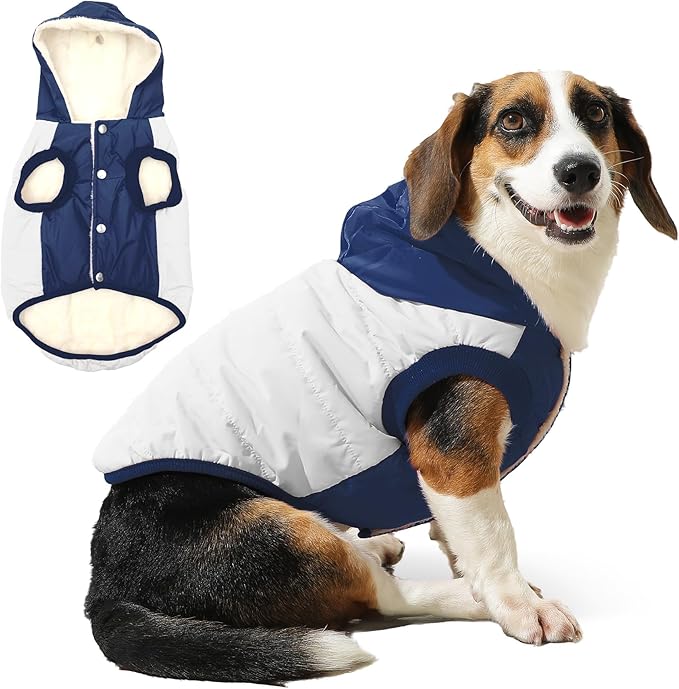 Fleece Lining Extra Warm Dog Hoodie in Winter for Large Dogs Jacket Pet Coats with Hooded,Beige and Blue XXL