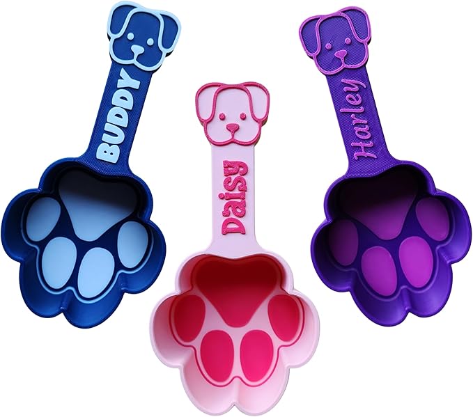 Personalized Dog Food Scoop, Paw Print Pet Food Measuring Cup with Pup Face Handle and Name, Kibble Scoop (14 oz – 1 3/4 cup)