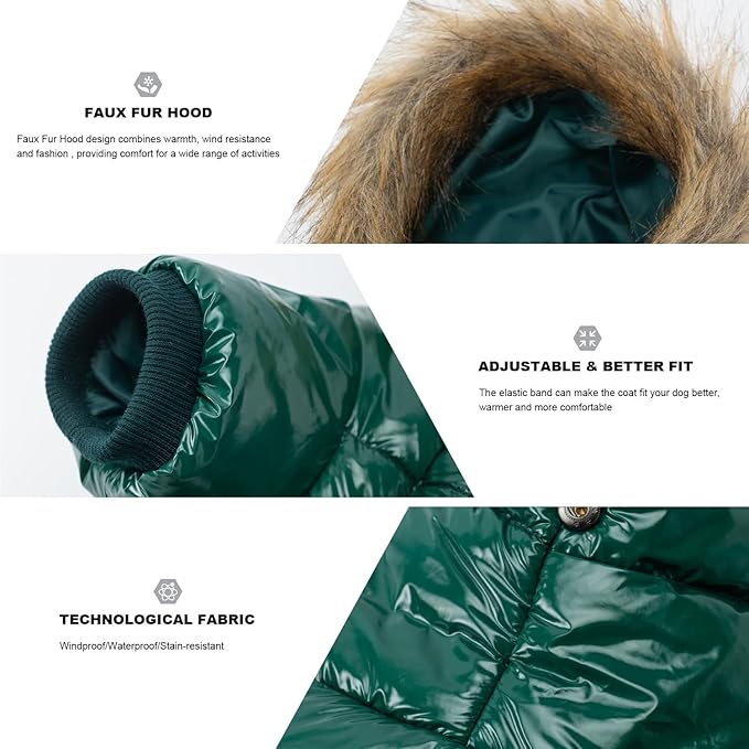 PINA Dog Winter Coat with Large Faux Fur Hood, Windproof and Warm, Suitable for Small to Large Dogs, Green, XXL